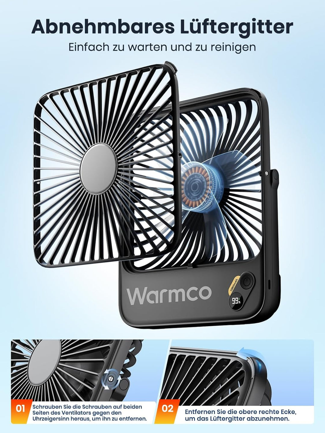 Warmco 10000mAh Tragbarer Akku Ventilator, 21cm Personal Tischventilatoren, Ultra-Leise Ultraflach m