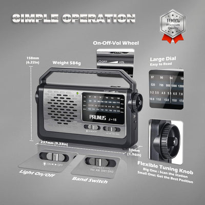 PRUNUS J-15 Kofferradio Weltempfänger Radio UKW/FM/AM/SW, Tragbares Radio Batteriebetrieben oder mit