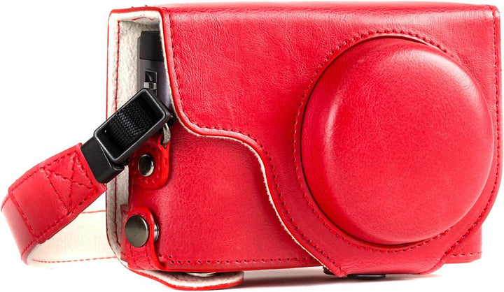 MegaGear MG1262 Panasonic Lumix DC-TZ95, DC-TZ90 Ever Ready Leder Kamera-Case mit Trageriemen - Rot,