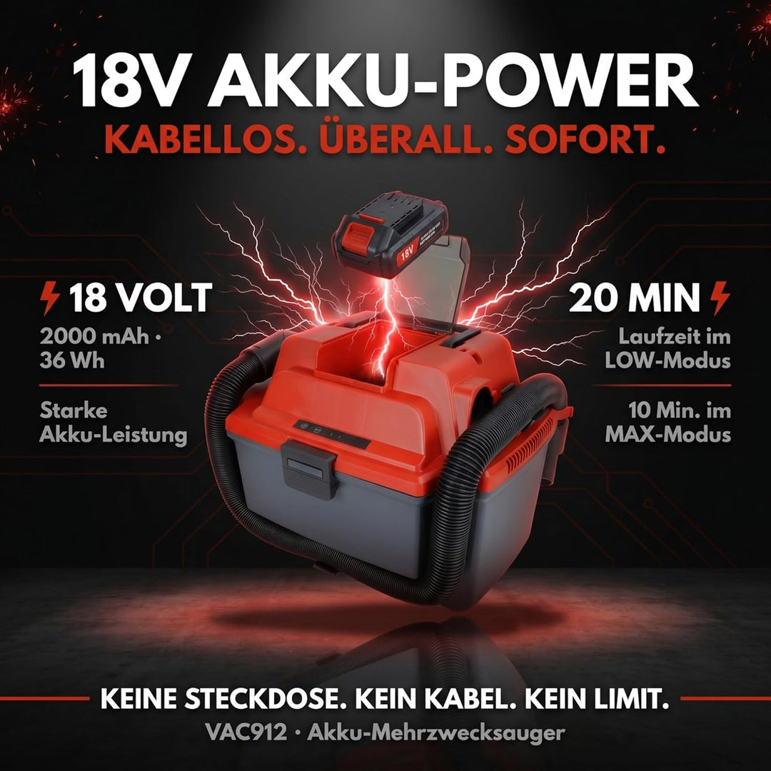 STAHLMANN VAC912 Akku-Nass-/Trockensauger 18V inkl. Akku – kabelloser Nass- & Trockensauger, Brueshl