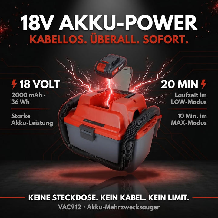 STAHLMANN VAC912 Akku-Nass-/Trockensauger 18V inkl. Akku – kabelloser Nass- & Trockensauger, Brueshl