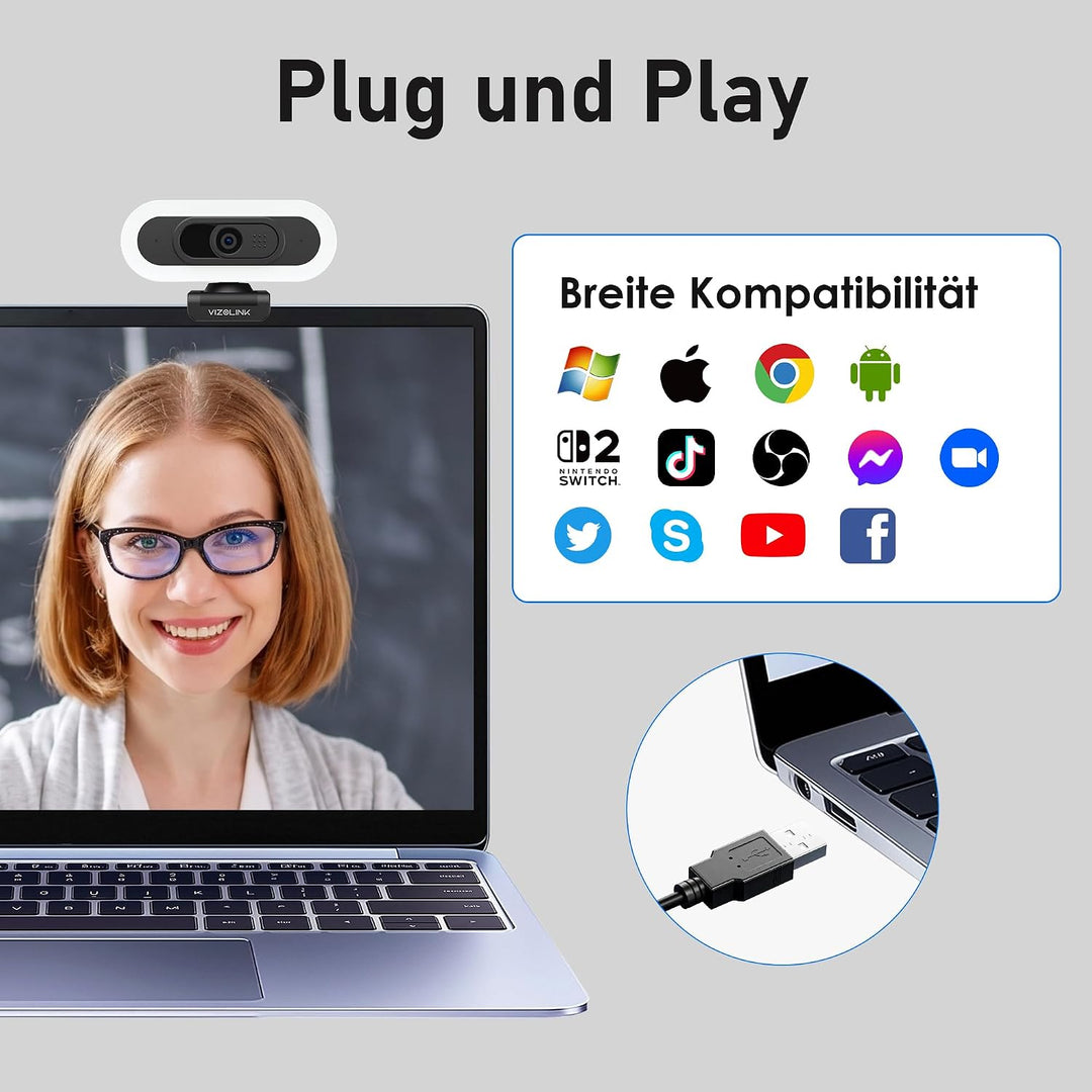 W8LS 4K Webcam 30fps mit Autofokus, Geräuschunterdrückung Mikrofon, LED-Leuchten, 78°FOV, Lichtkorre