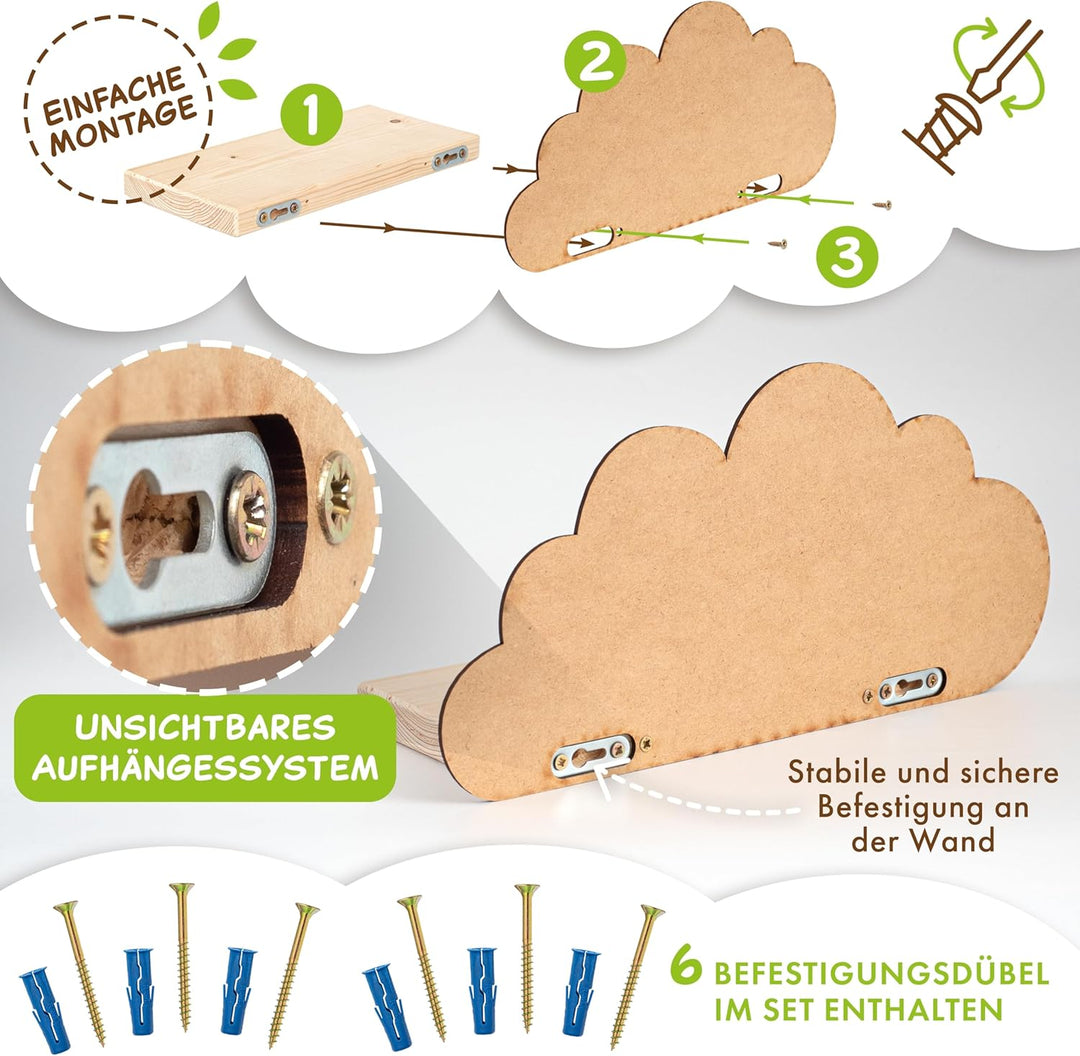 Outentin Wandregal Wolke aus Holz – 3er Set Kinderregal für Kinderzimmer & Babyzimmer – Handgefertig