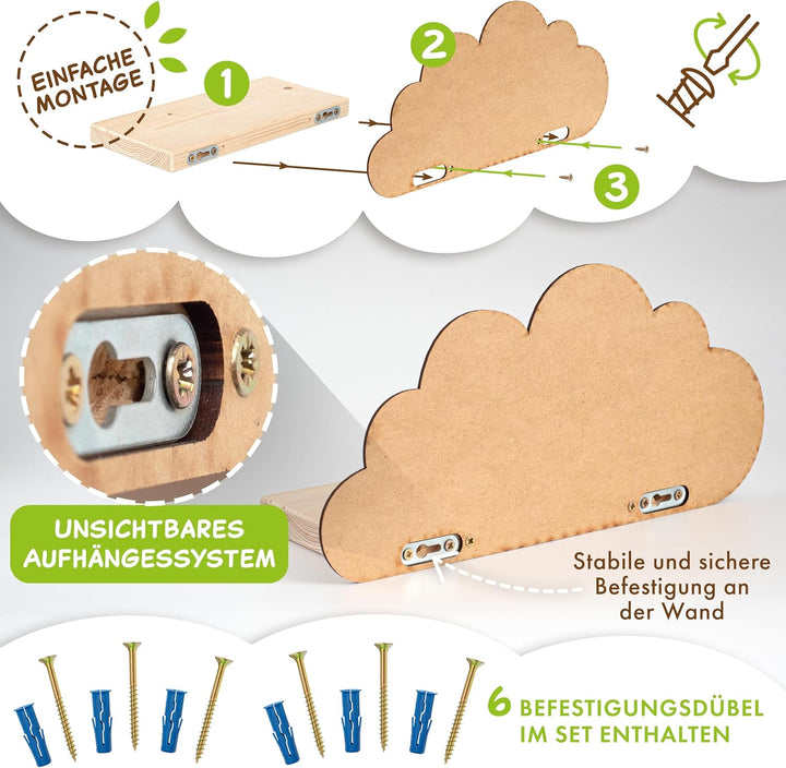 Outentin Wandregal Wolke aus Holz – 3er Set Kinderregal für Kinderzimmer & Babyzimmer – Handgefertig