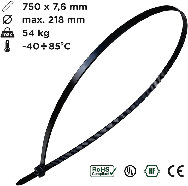 intervisio Kabelbinder extra Lang 750mm x 7,6mm, Profi hochwertige Industrie-Qualität, schwarz, 100
