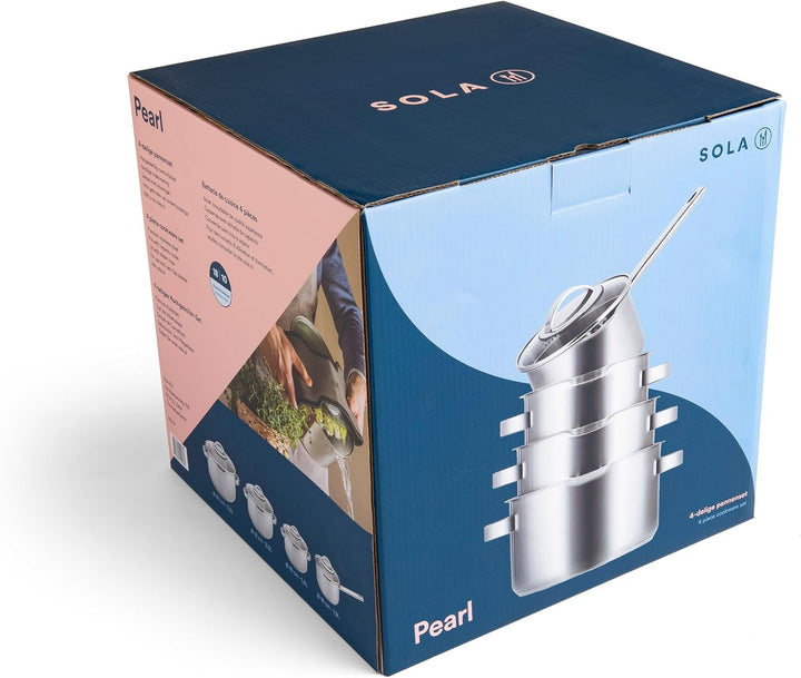 Sola Pearl Premium Topfset Induktion - 4-Teilig, Kochtopf set mit Deckel - 18/10 Mattiert Edelstahl