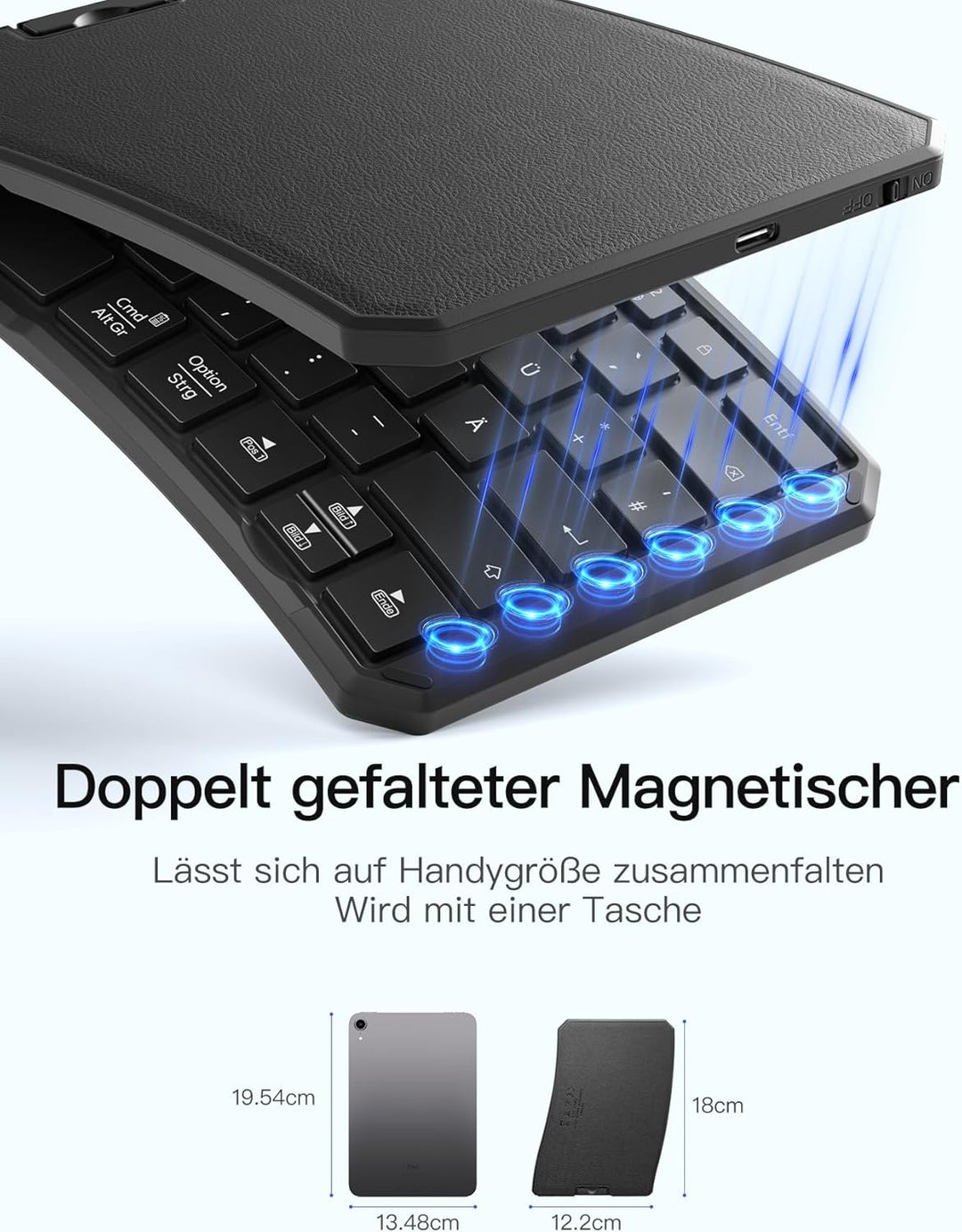 Inateck Faltbare Tastatur Ergonomische, Funktastatur Dual-Fold Magnetic QWERTZ,mit 3 BT,Mit Rückencl