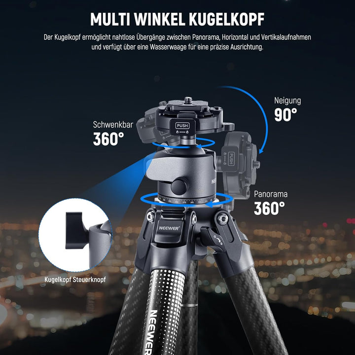 NEEWER LITETRIP 62" Kamera Reisestativ, tragbarer Ständer aus Carbonfaser mit abnehmbarem ±15° Nivel