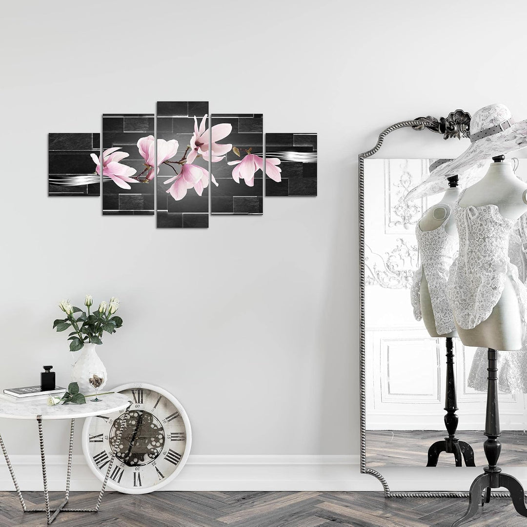 Runa Art Wandbilder Blumen Magnolien 5 Teilig Bild auf Vlies Leinwand Deko Wohnzimmer Ziegel Schwarz