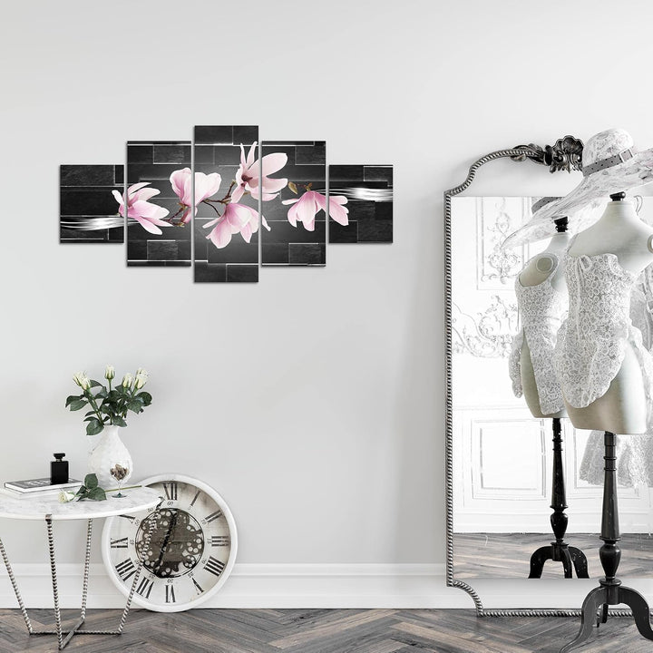 Runa Art Wandbilder Blumen Magnolien 5 Teilig Bild auf Vlies Leinwand Deko Wohnzimmer Ziegel Schwarz