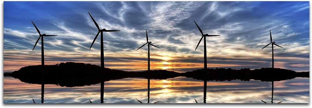 Wandbild auf Leinwand als Panorama in 150x50cm Windräder Wasser Hügel Sonnenuntergang