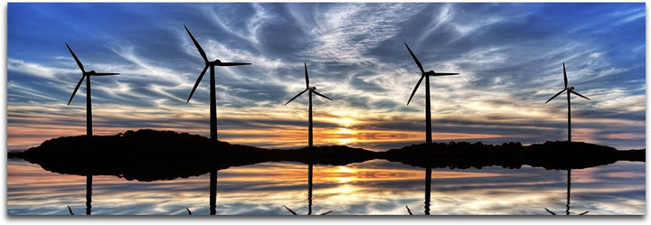 Wandbild auf Leinwand als Panorama in 150x50cm Windräder Wasser Hügel Sonnenuntergang