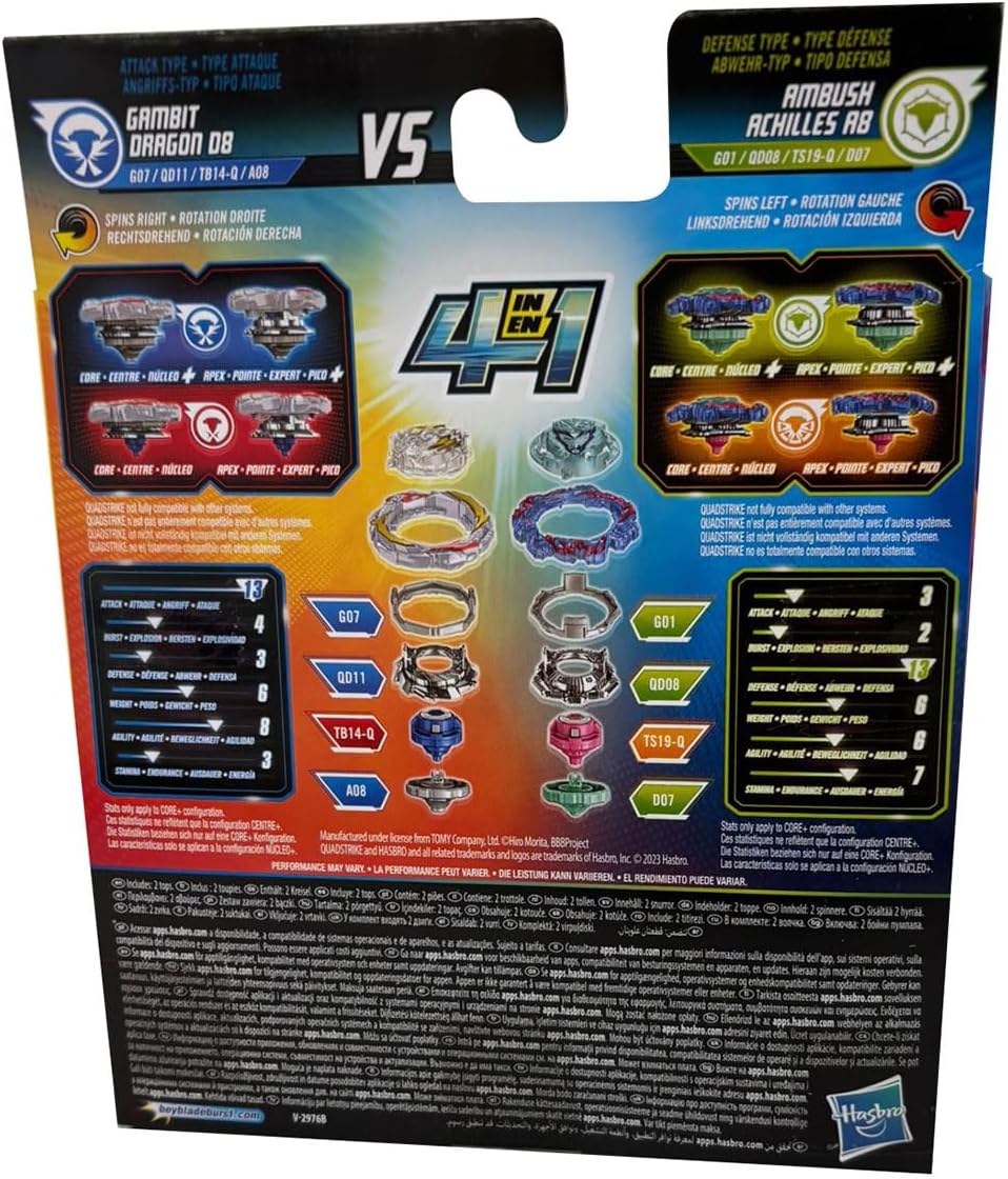 Beyblade Burst QuadStrike Gambit Dragon D8 und Ambush Achilles A8 Kreisel Doppelpack, Battle Kreisel