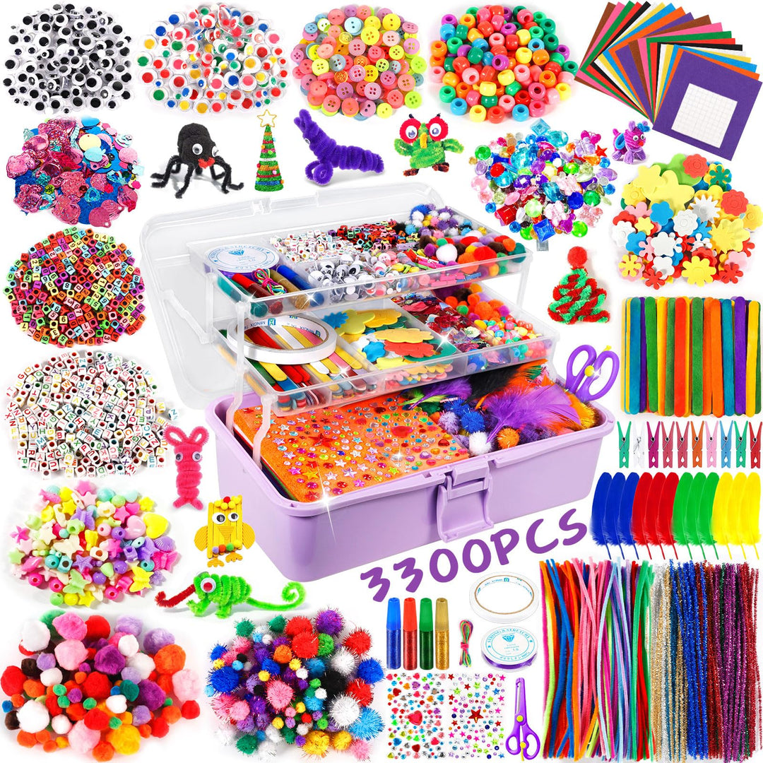 Purpledi 3300+ Stück Bastelsets für Kinder Bastelmaterial in Bastelkoffer, DIY Bastelzubehör Bastelb