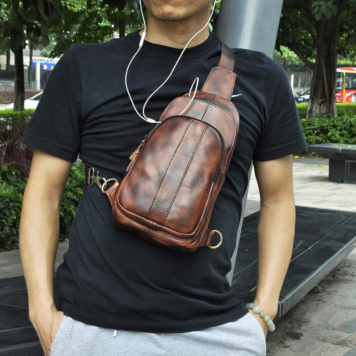 Le'aokuu Herren Echtes Leder Brusttasche Crossbody Bag Sling Bag Schultertasche Gurteltasche Umhänge