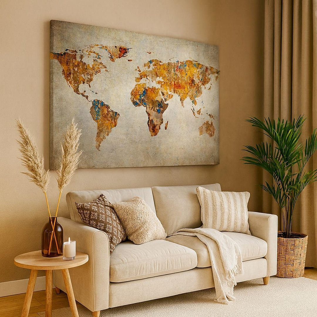 Bilder auf Leinwand 100x70cm Leinwandbild Welt Karte Kontinente Geographie Gross Wanddeko Bild Schla