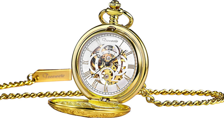 TREEWETO Unisex Taschenuhr mit Kette Analog Handaufzug Antik Graviert Römische Silber/Gold/Schwarz,