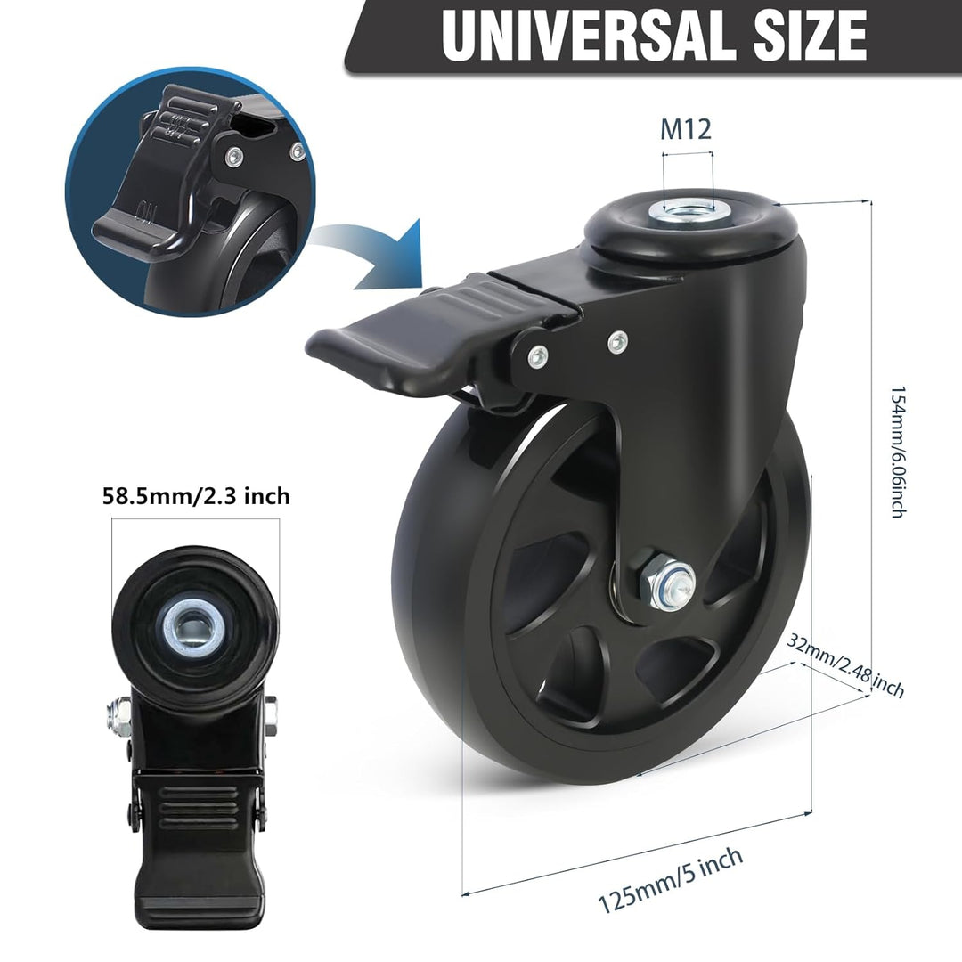 Möbelrolle mit Bremse, 125mm Lenkrollen mit M12 Rückenloch, Transportrollen Doppellager mit 360-Grad