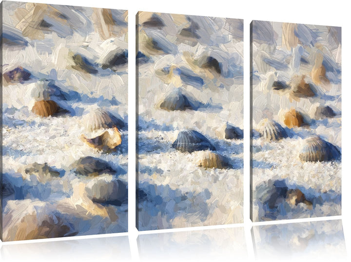 Pixxprint Muscheln im Sand Kunst als Leinwandbild/Grösse: 3 Teilig (120x80) cm/Wandbild/Kunstdruck/f