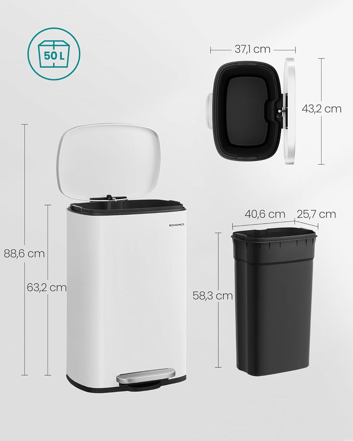 SONGMICS Mülleimer Küche, 50 Liter, Abfalleimer, Treteimer, mit Deckel, Softclose, Fusspedal, Stahl,