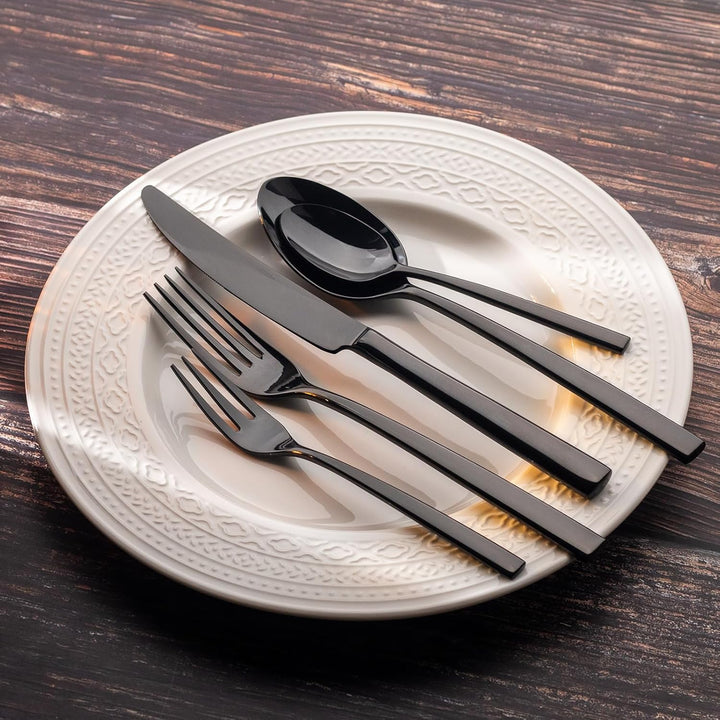 Alata Konrad 18/10 Edelstahl Poliert Schwarz Besteck Set 12 Personen, Essbesteck 60 teilig, Monobloc