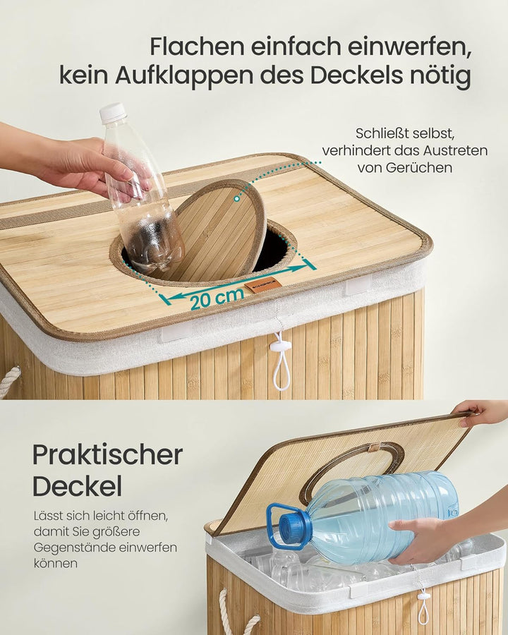SONGMICS Pfandflaschen-Sammelbehälter, 120 L Pfandflaschen-Behälter, Bambus, Flaschensammler Leergut