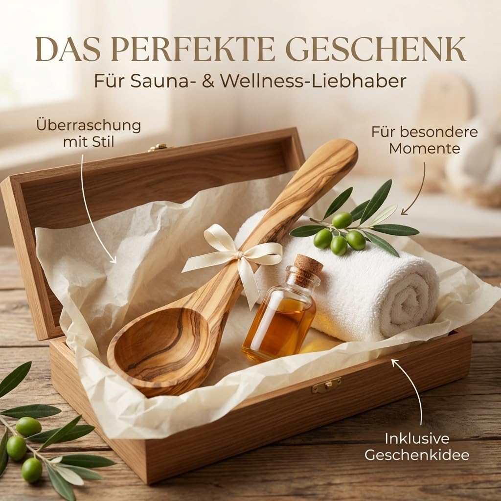 Saunakelle aus Olivenholz mit Gravur - Personalisierbare Aufgusskelle langlebig & hitzebeständig - S