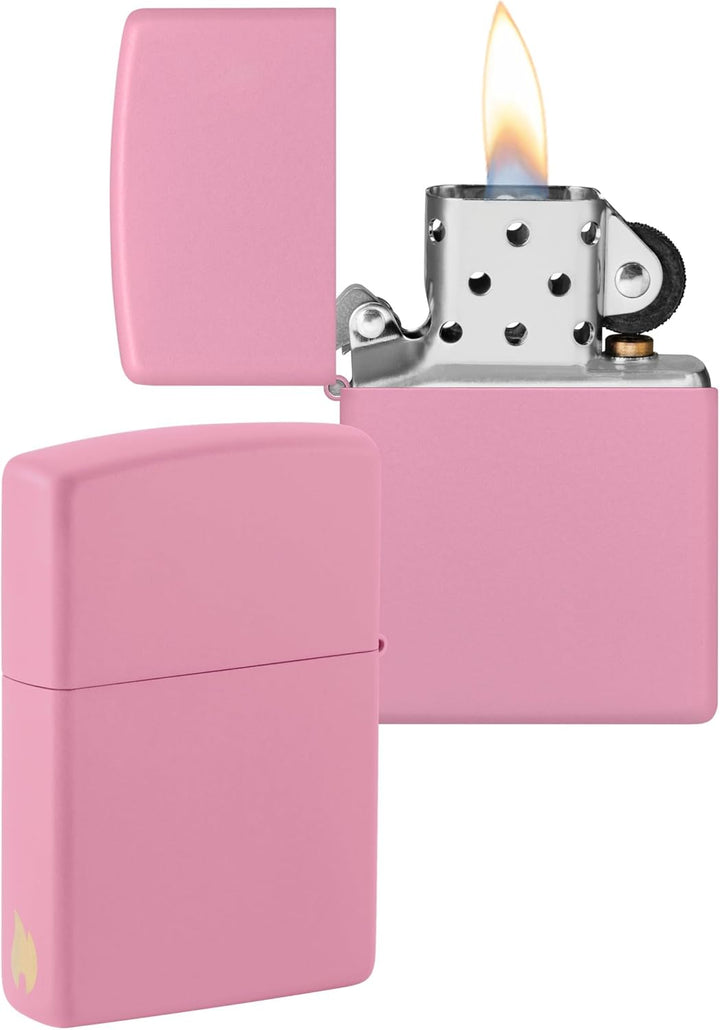 ZIPPO - Pink Matte - nachfüllbares Sturmfeuerzeug in hochwertiger Geschenkbox (Flammenmotiv graviert