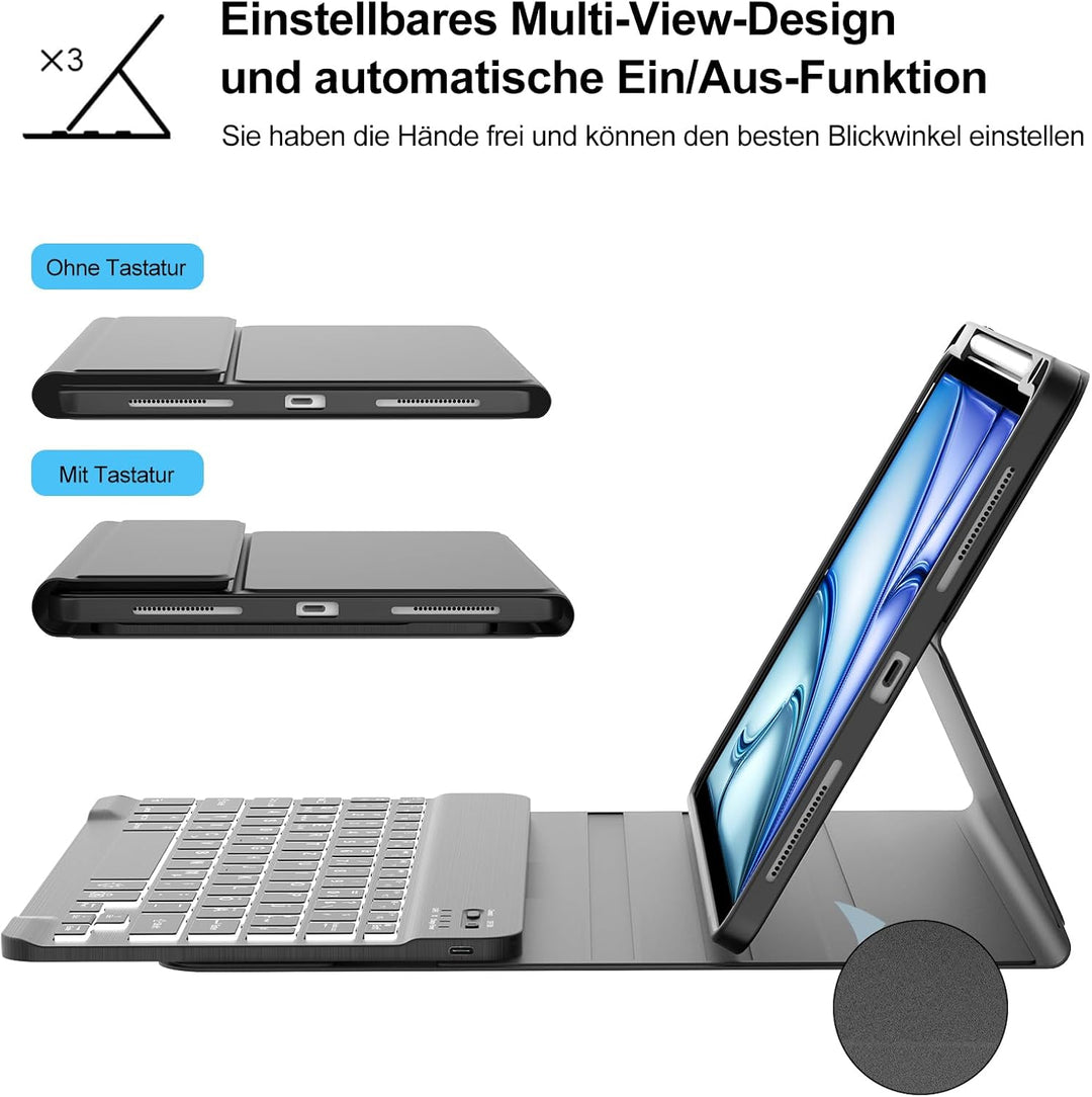 Hülle Tastatur für iPad Air 11" M4/M3/M2 (2024-2026) Beleuchtung, Schwarz | Schutzhülle mit Stifthal