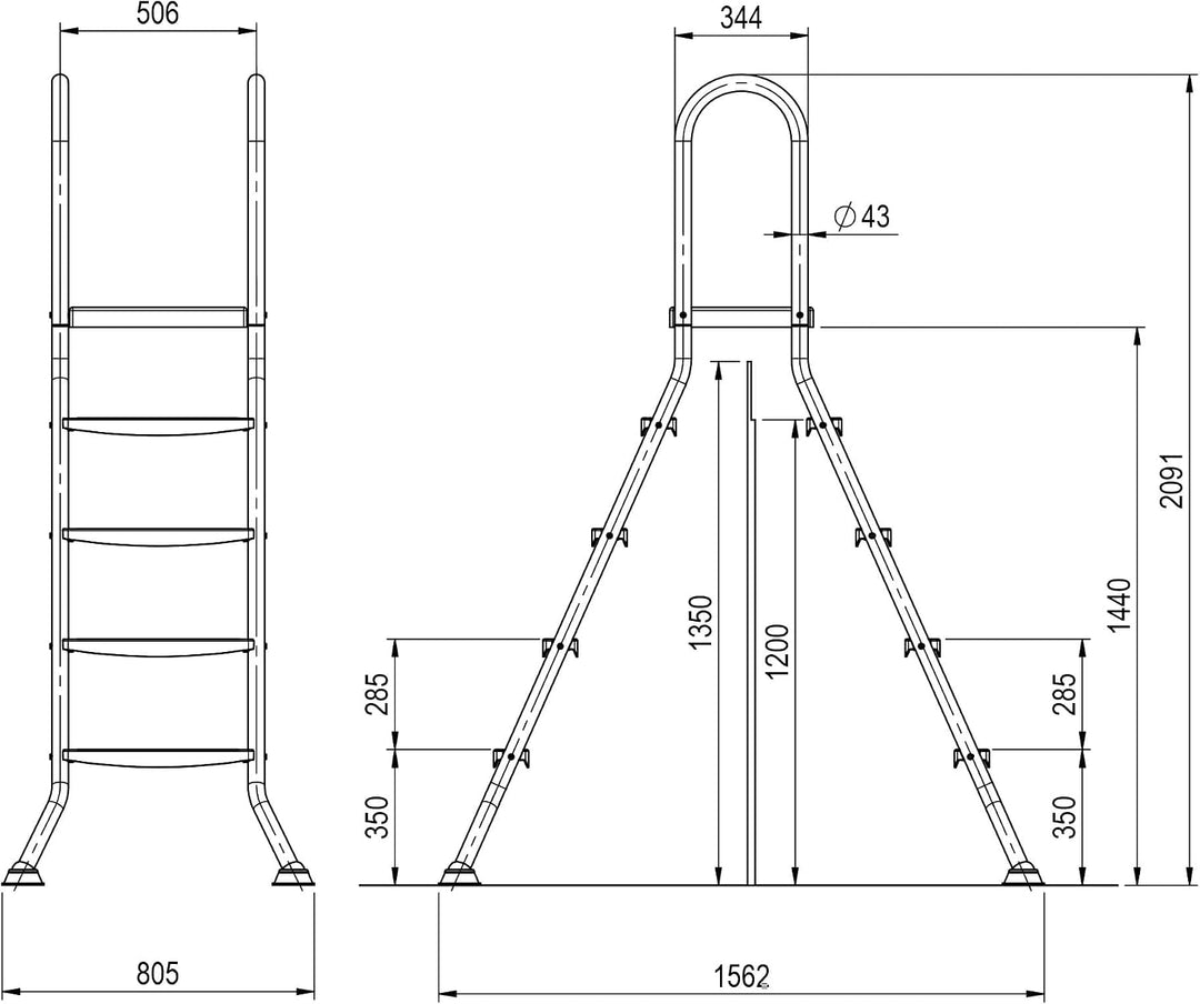 Steinbach Aufstellbeckenleiter Edelstahl, 4 + 4 Stufen, für Beckenhöhe 120 cm und 135 cm, Holm Ø 43