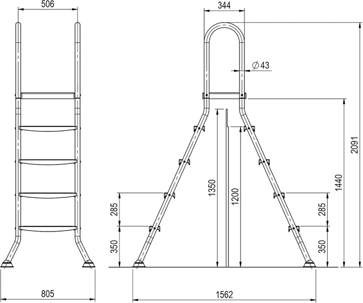Steinbach Aufstellbeckenleiter Edelstahl, 4 + 4 Stufen, für Beckenhöhe 120 cm und 135 cm, Holm Ø 43