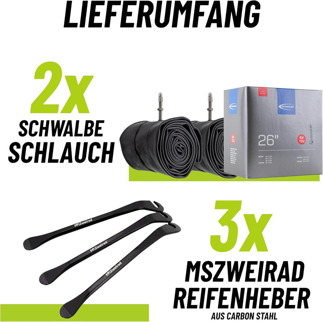 2er Set Schwalbe Fahrrad Schlauch SV13J Fatbike 40mm 26 Zoll (90/120-559) inklusive 3 MSZweirad Reif