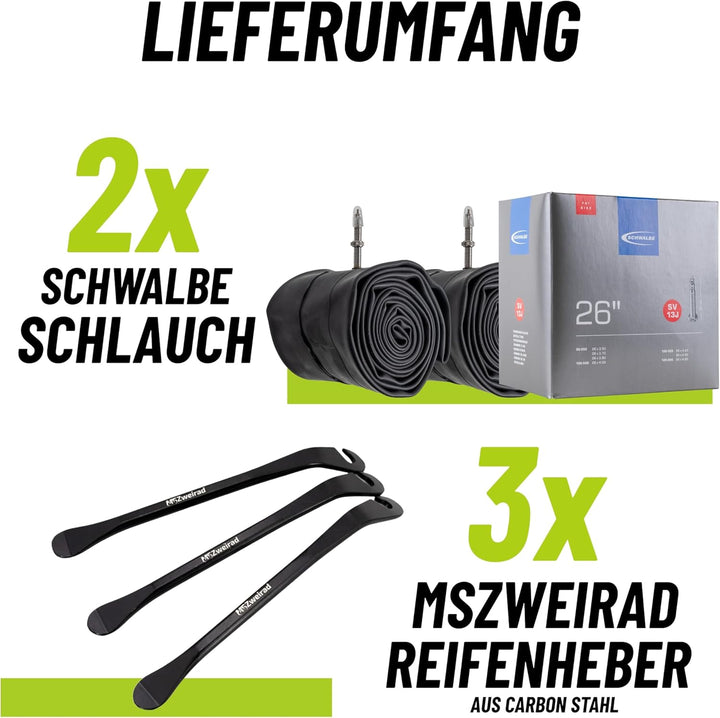2er Set Schwalbe Fahrrad Schlauch SV13J Fatbike 40mm 26 Zoll (90/120-559) inklusive 3 MSZweirad Reif