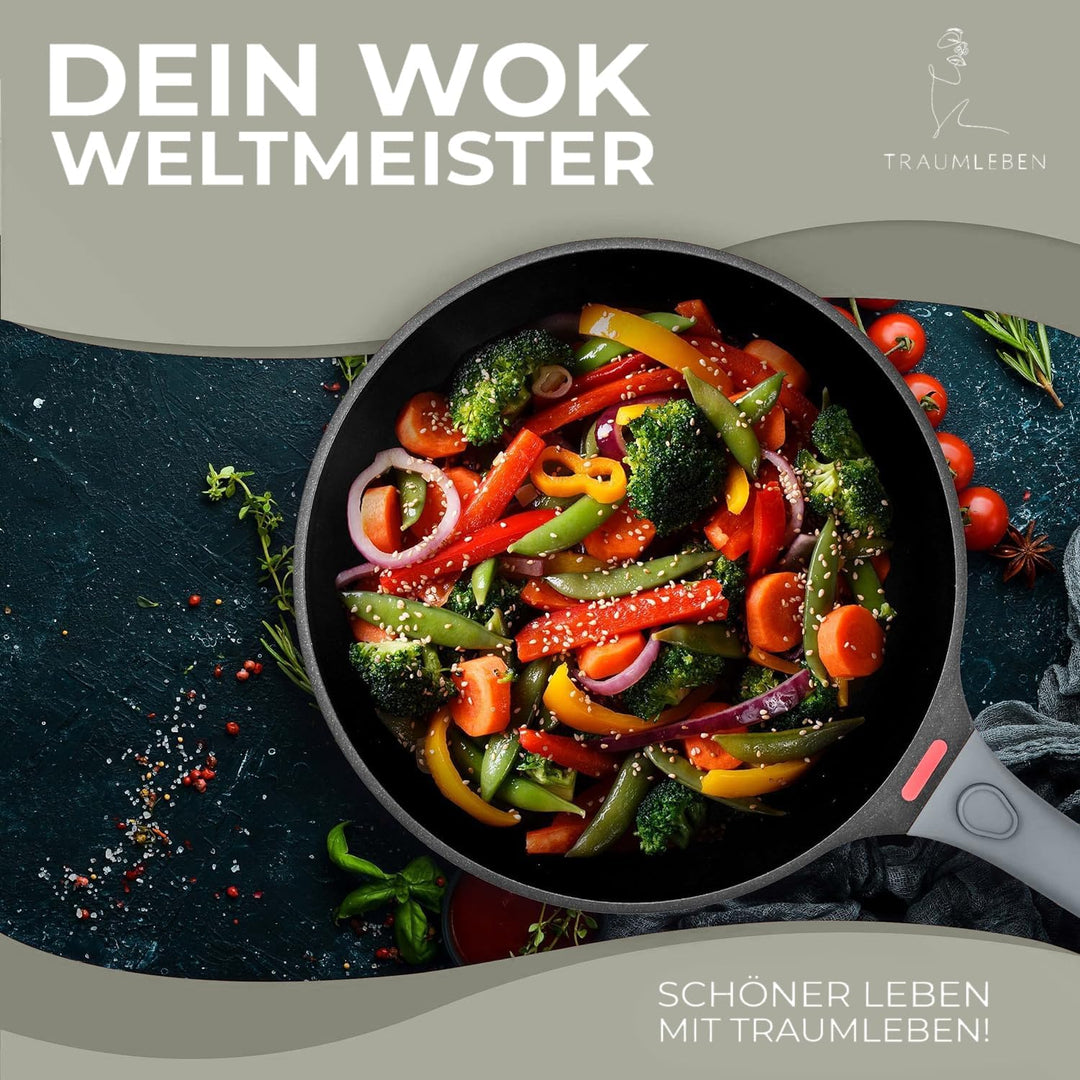 Wokpfanne mit Deckel 28 cm [abnehmbaren Griffe & Antihaftbeschichtung] PFOA-frei, für Induktion geei