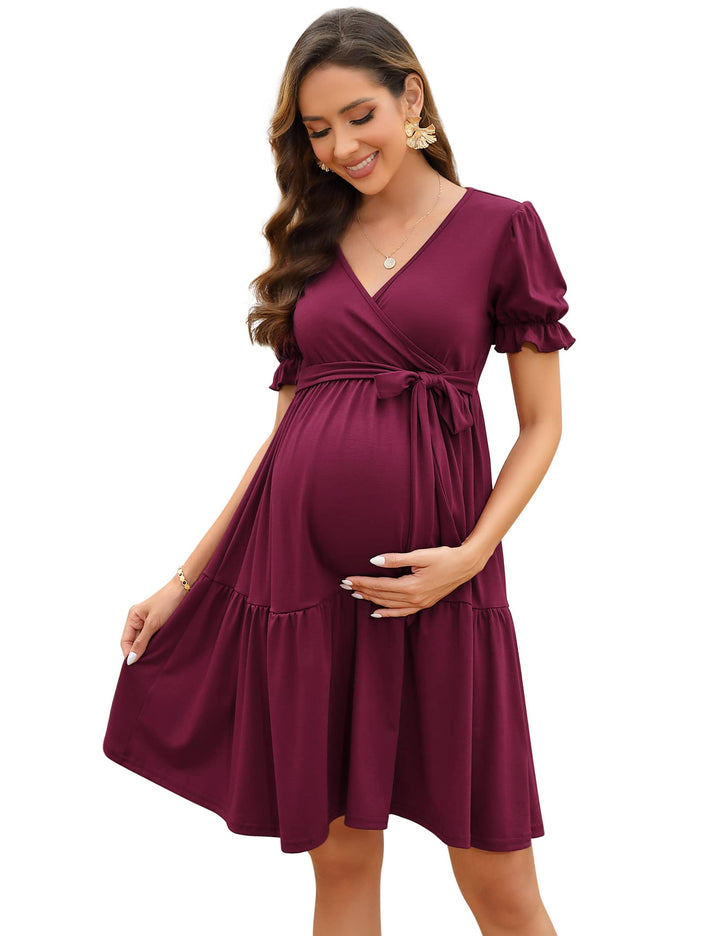KOJOOIN Damen Umstandskleid V-Ausschnitt Stillkleid Elegant Puff Ärmel Schwangerschafts Kleider mit