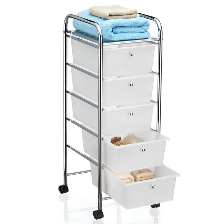 IDIMEX Rollcontainer GINA, Chrom/weiss - Rollwagen mit 5 transparenten Schubladen, chromfarbenes Met