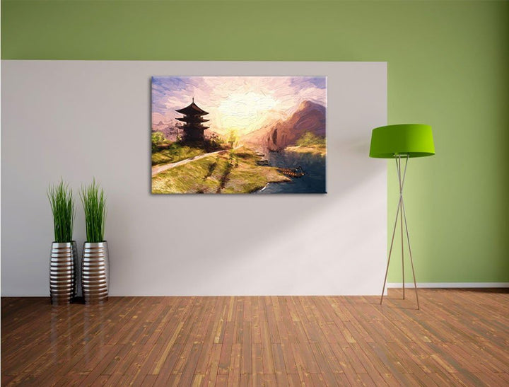 Pixxprint asiatischer Tempel an Fluss als Leinwandbild/Grösse: 100x70 / Wandbild/Kunstdruck/fertig b