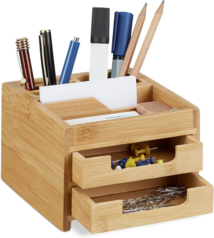 Relaxdays Monitorständer, Bildschirmständer aus Bambus, 14 Fächer, 15x65x28 cm, Natur & Schreibtisch