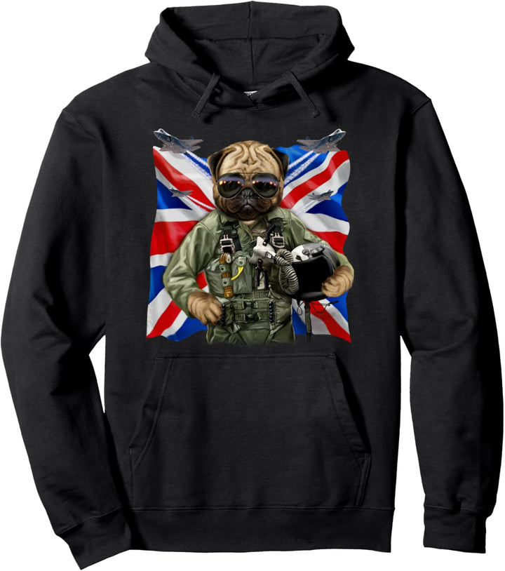 Mops als Kampfpilot mit Union Jack Flagge Pullover Hoodie