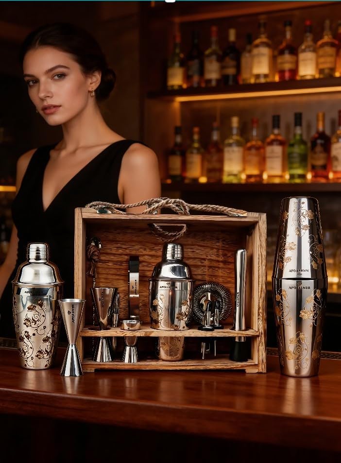 apolliner, Cocktailshaker, Professional Cocktail Shaker Set, Stainless Steel, 16 Pieces, Wooden Carr