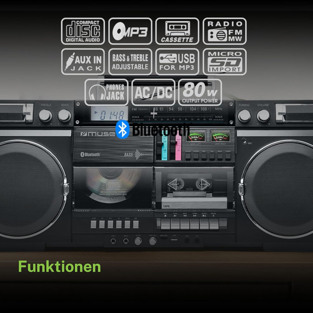MUSE Bluetooth Retro Boombox mit Radio, CD, Kassettenrekorder, 80W Ausgangsleistung, USB, Aux, Micro