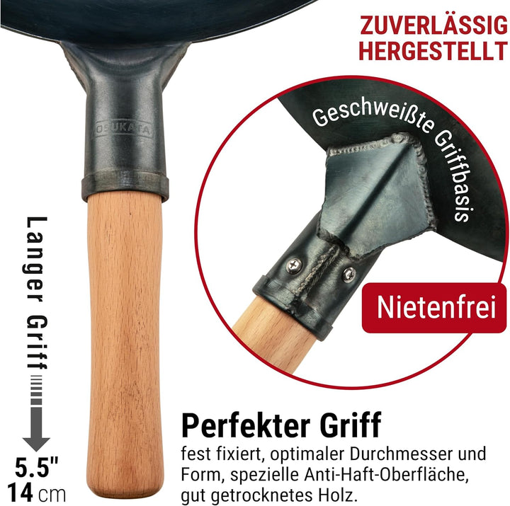 YOSUKATA Karbonstahl Woks & Wokpfannen (36 cm) -Voreingebrannter Wok Pfanne Carbonstahl Runder Boden