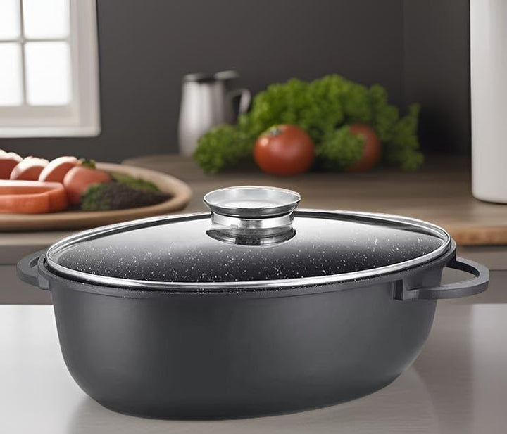 4BIG.fun Ovaler 7,3 L Universalbräter mit Deckel Aluguss Bräter Antihaftbeschichtung Schmortopf Arom
