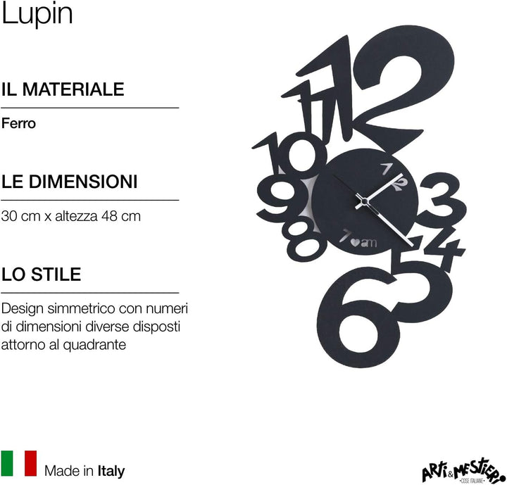 Wanduhr Lupin Arti e Mestieri Schwarz Geprägt, Schwarz Geprägt