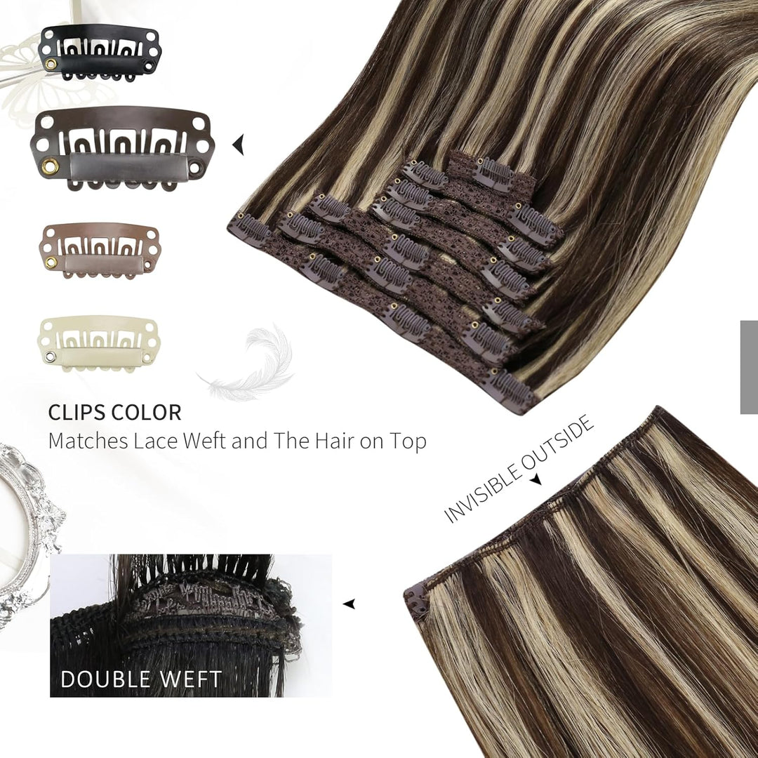 Moresoo Clip in Extensions Echthaar Braun Echthaar Extensions Clip in Dunkelbraun mit Karamellblond