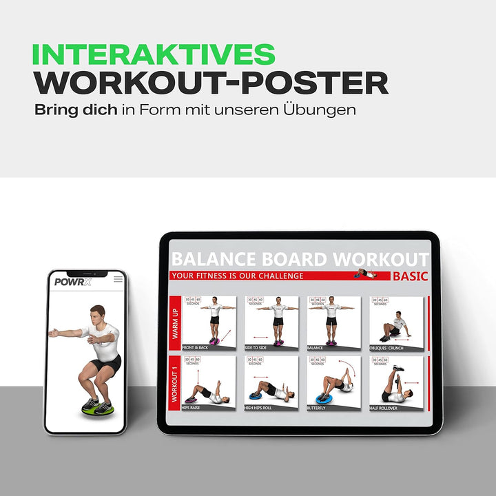 POWRX Balance Board inkl. Workout I Wackelbrett Ø 40cm mit Griffen I Therapiekreisel für propriozept