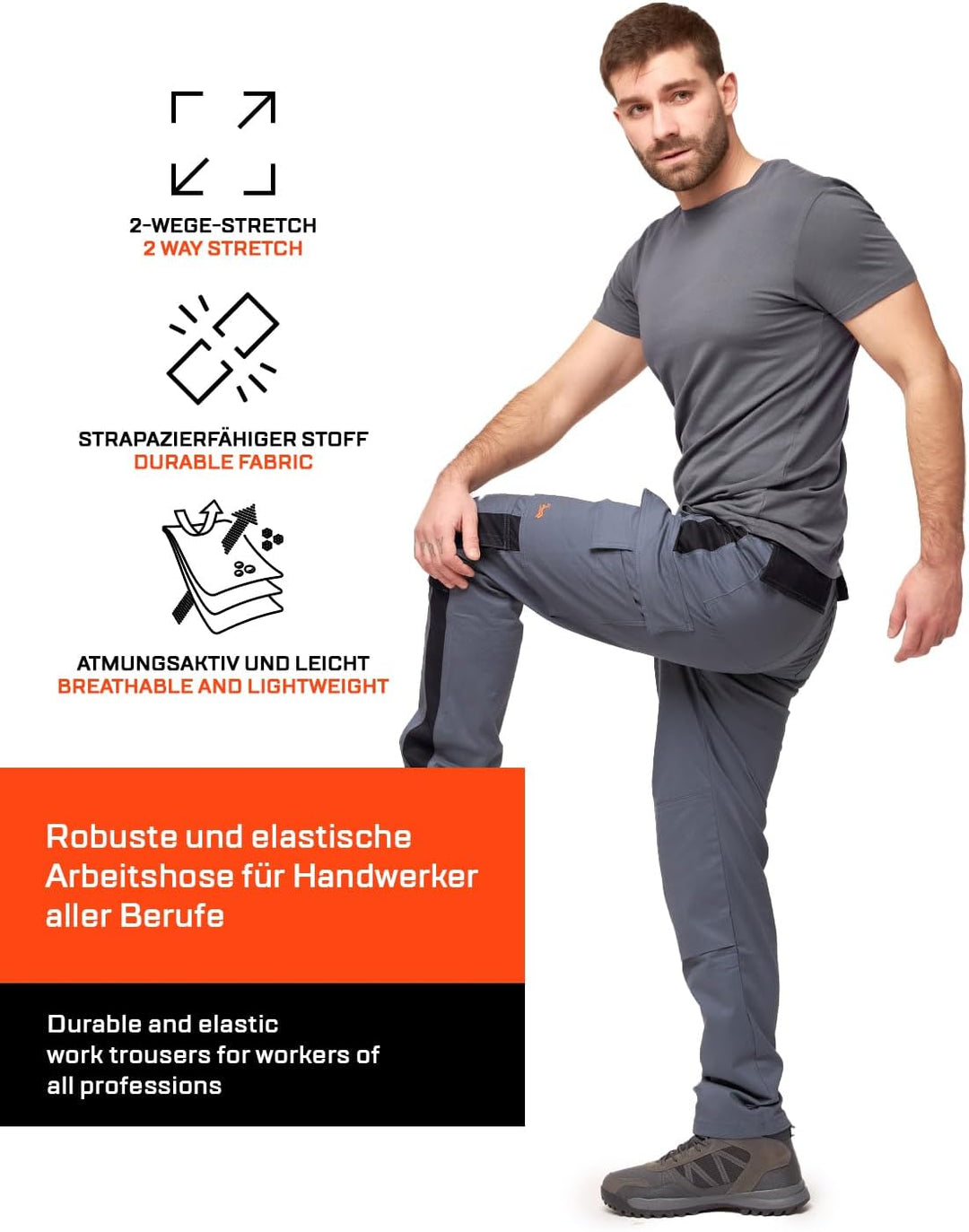 strongAnt Arbeitshose komplett Stretch Männer Berlin Pro Bundhose Schwarz Weiss Grau 46 Grau / Stron