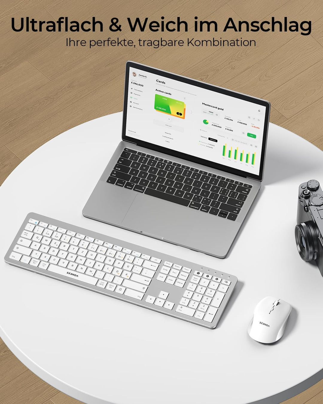 Seenda COE300 Tastatur Maus Set Kabellos, Dual-Bluetooth + 2,4 GHz USB, Ultra-Dünne Funktastatur für