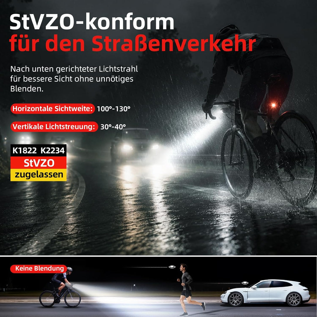 Fahrradlicht Set StVZO-konform, Fahrradbeleuchtung vorne und hinten, USB-C wiederaufladbare IPX4 Spr