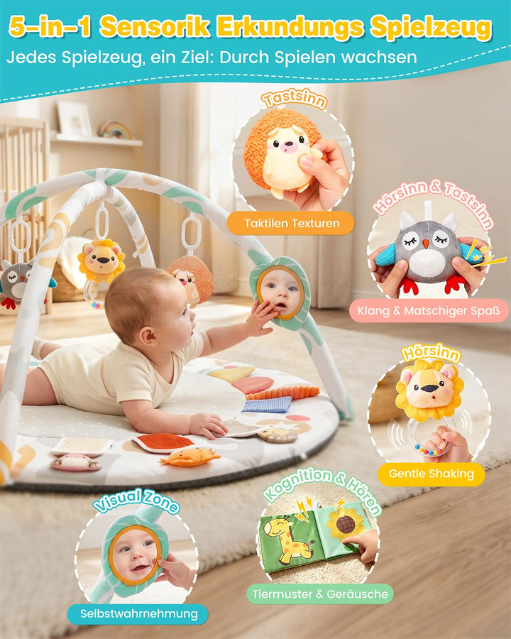 Spielbogen Baby mit 5 Greiflingen | Krabbeldecke für baby ab Geburt | Montessori Spielmatte Grauweis